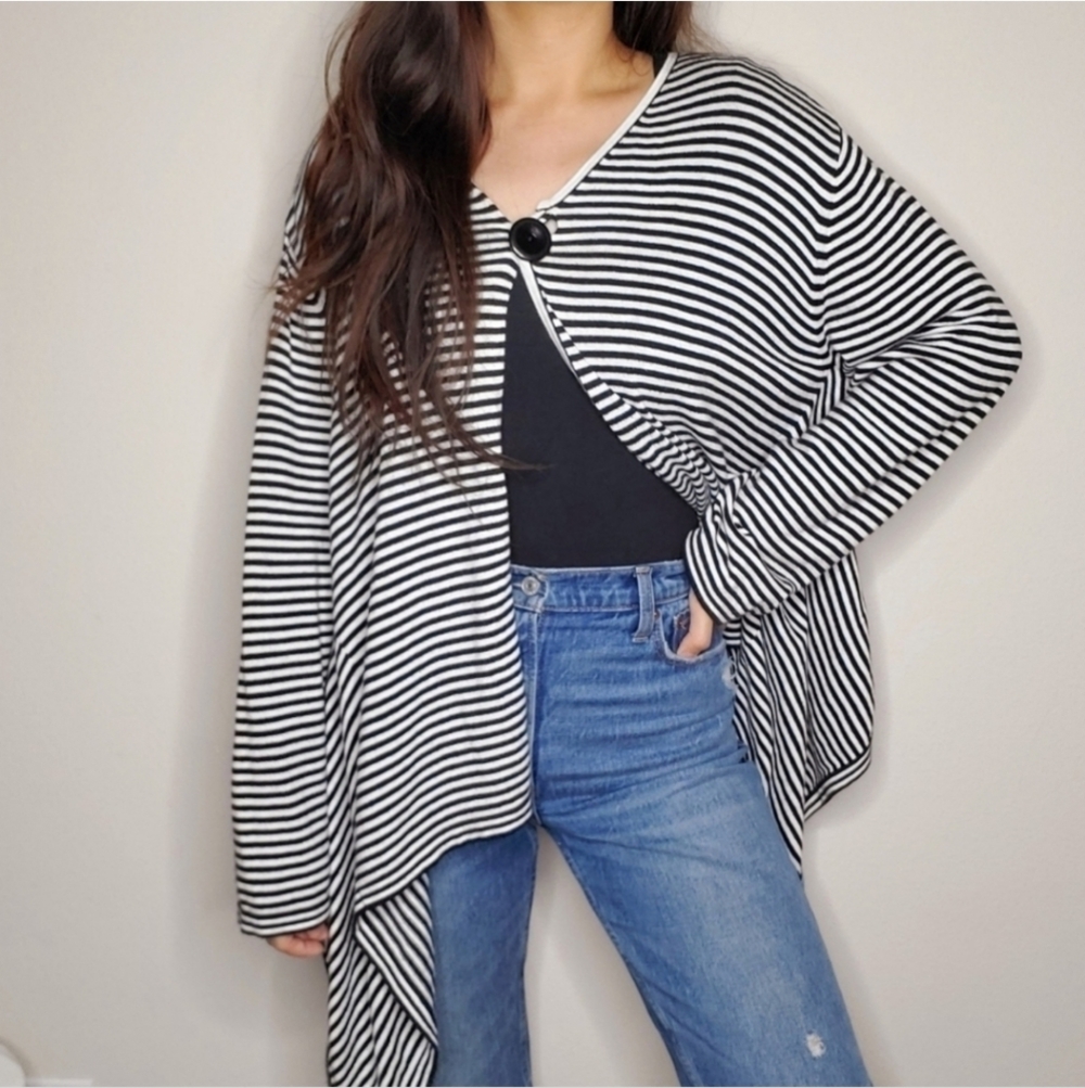 Bryn Walker Black Striped Asymmetrical Buttoned Knit Oversized Cardigan Sweater